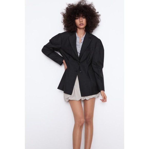 NWT Zara blazer women's XS Baloon Sleeve plaid two button pleated notch lapel
